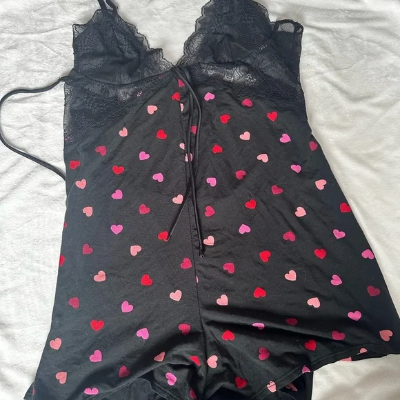 Heart Print Black Lace Shorts One-Piece sexy sleepwear/lingerie - Picture 2 of 5